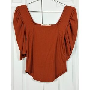 We The Free Free People Rust Orange Ribbed Square Neck Puff Sleeve Top Medium